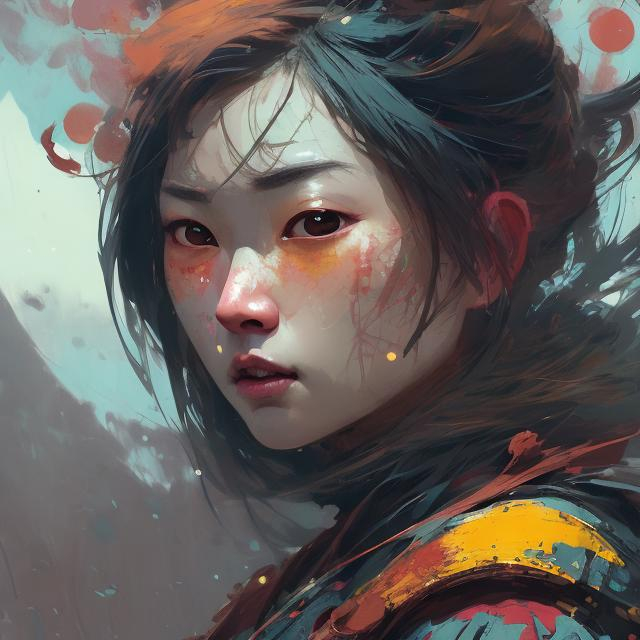 Prompt: detailed face, samurai warrior woman, heavily detailed, unique universe, concept art, primary color hues, magical world, bright uplifting tones, dynamic lighting, professional, highres, ultra-detailed, retro-futurism, comic style, dynamic lighting, unique concept,  atey ghailan, Art by Jock, pino daeni , art by lois van baarle and loish and ross tran , Charles Vess, Chiho Aoshima , Kay Nielsen, dark ambient, chiaroscuro, Simon Bisley, and H.R. Giger. insist artstation, art by stanley artgerm, painting by daniel f gerhartz, art by Andrew Atroshenko,