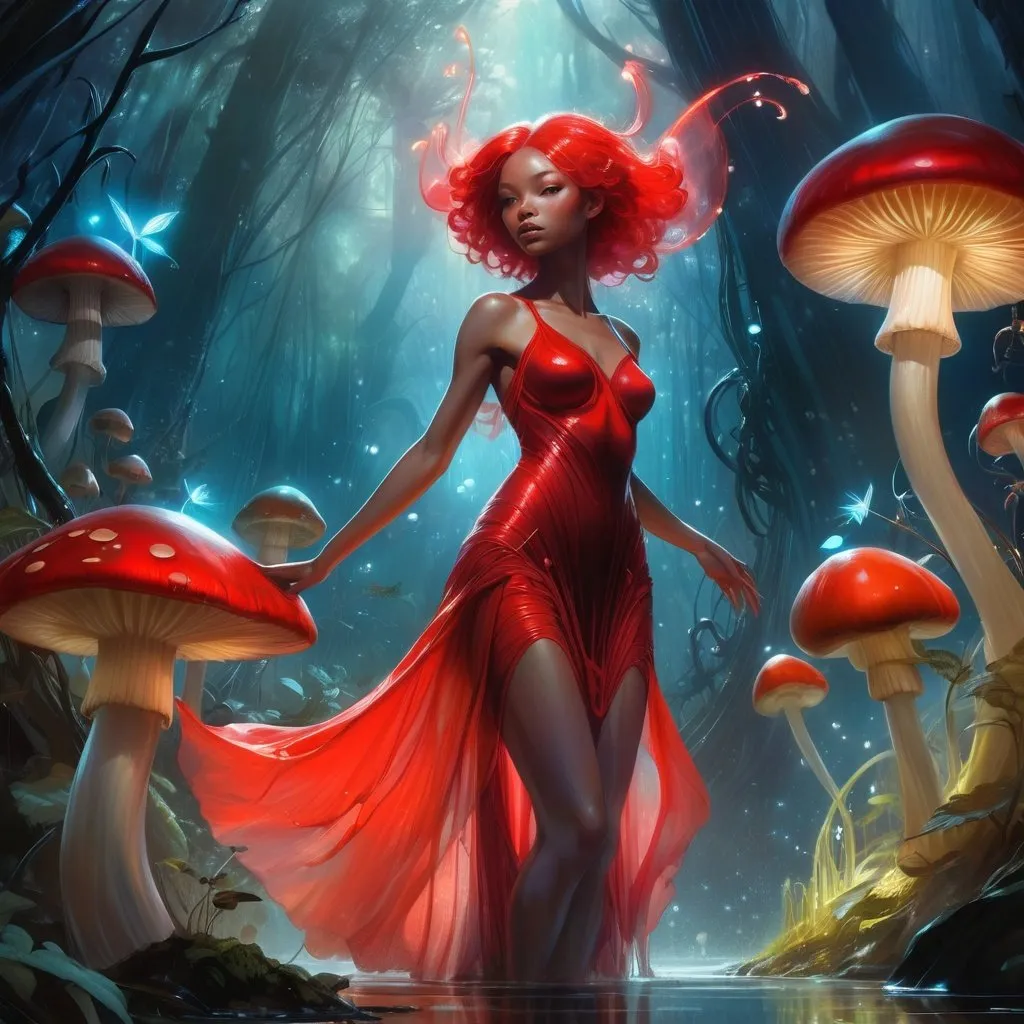 Prompt: redheaded fairy with wispy transparent red dress, organic shapes, unique universe, concept art, primary color hues, mushroom forest, fairy lights, underwater, magical world, bright uplifting tones, dynamic lighting, professional, highres, ultra-detailed, afro-futurism, Art by Jock, pino daeni , art by lois van baarle and loish and ross tran , Charles Vess, Chiho Aoshima , Kay Nielsen, dark ambient, chiaroscuro, Simon Bisley, and H.R. Giger. insist artstation, art by stanley artgerm, painting by daniel f gerhartz, art by Andrew Atroshenko,