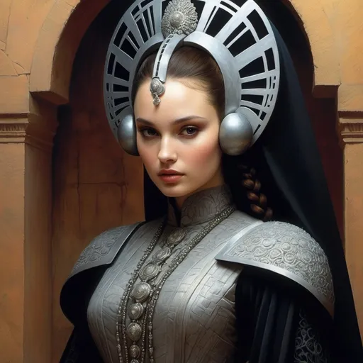 Prompt: Padme Amidala in the world of Beksinski, harpers bazaar