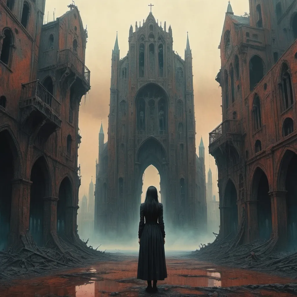 Prompt: woman standing in front of gothic catholic style dystopian city in style of Beksinski