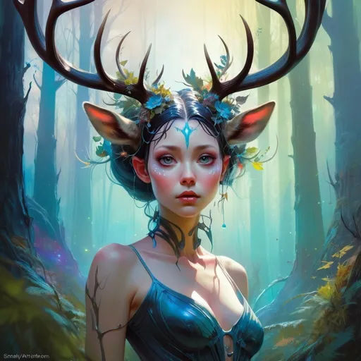 Prompt: lovely forest nymph with deer antlers, large eyes, heavily detailed, organic shapes, unique universe, concept art, primary color hues, magical world, bright uplifting tones, dynamic lighting, professional, highres, ultra-detailed, retro-futurism, Art by Jock, pino daeni , art by lois van baarle and loish and ross tran , Charles Vess, Chiho Aoshima , Kay Nielsen, dark ambient, chiaroscuro, Simon Bisley, and H.R. Giger. insist artstation, art by stanley artgerm, painting by daniel f gerhartz, art by Andrew Atroshenko,