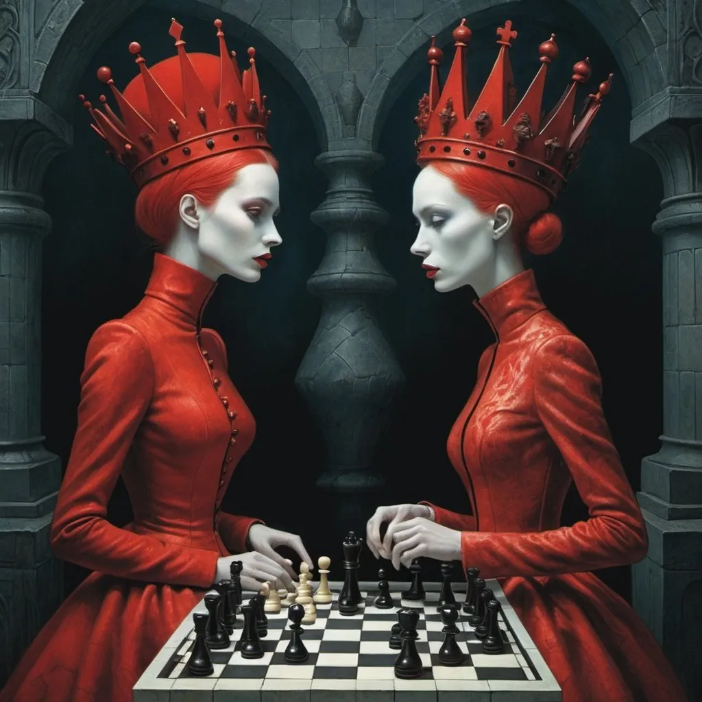 Prompt: red queen and white queen in the world of Beksinski, chess, harpers bazaar