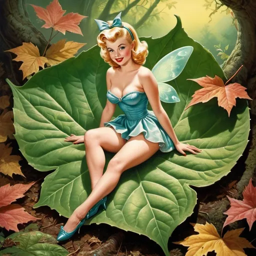 Prompt: pinup tinker belle on a leaf, high quality, Keith Parkinson, highres, 1950s, vintage, dreamlike, surreal, whimsical, mystical setting, fairytale, vibrant colors