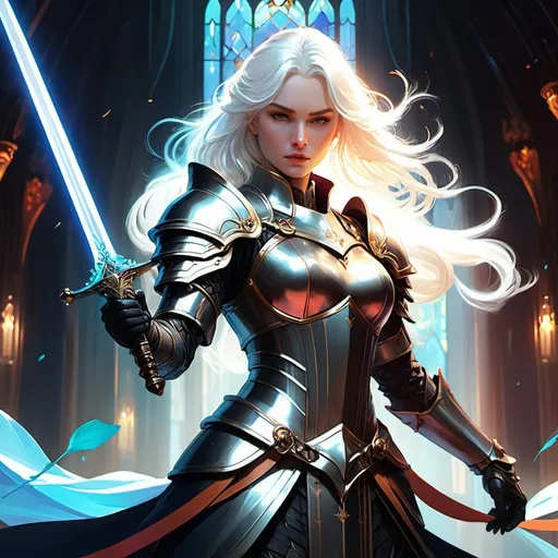 Prompt: dramatic action, fighting stance, super-high-detailed, floor length white hair with knight armor and a sword, sharp jaws and thick eyebrows, masculine features, quality, sharp focus, 8k, intricately detailed environment,  watercolor illustration, colorful, bright colors, whimsical, glowing lights, liquid otherworldly, Broken Glass effect, stunning, something that even doesn't exist, mythical being, energy, molecular, textures, iridescent and luminescent scales, breathtaking beauty, pure perfection, divine presence, unforgettable, impressive, breathtaking beauty, Volumetric light, auras, rays, vivid colors reflects, unreal engine, greg rutkowski, loish, rhads, beeple, makoto shinkai and lois van baarle, ilya kuvshinov, rossdraws, tom bagshaw, alphonse mucha, global illumination, detailed and intricate environment