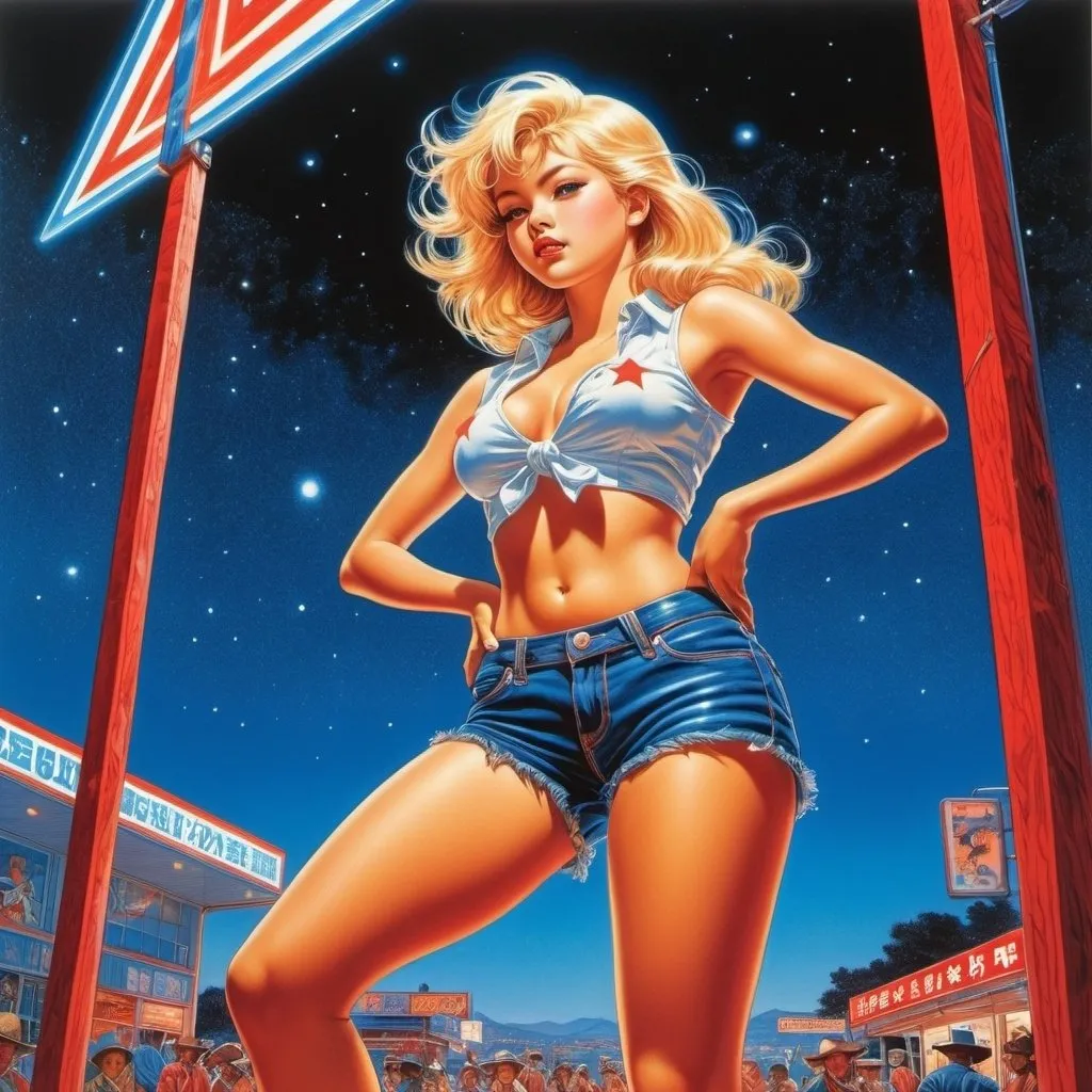 Prompt: Virgil Finlay, Tsubaki Nekoi, Vasanti Unka, Hiroshi Masumura, Chiho Saito, Surrealism, wonder, blonde american girl in jean shorts and cowboy boots, detailed masterpiece low high angles perspectives, glowing neon, red white and blue