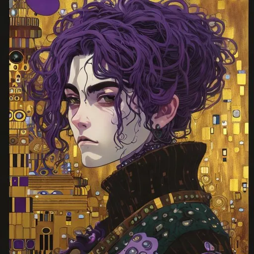 Prompt: strong beautiful adult punk woman with a strong jawline dark eyebrows and wild purple hair wearing shining armor, style of studio ghibli, gustav klimt, pixar, high quality, realistic, photo realistic
