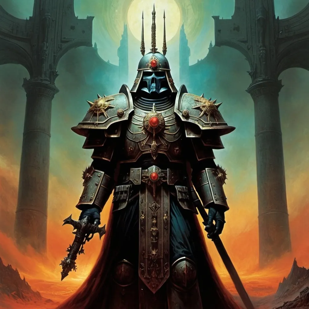 Prompt: God-Emperor of Mankind in warhammer 40k in the world of Beksinski, harpers bazaar