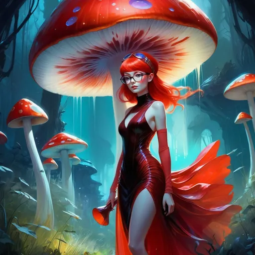 Prompt: redheaded fairy with a large mushroom cap hat and wispy transparent red dress, round glasses, organic shapes, unique universe, concept art, primary color hues, magical world, bright uplifting tones, dynamic lighting, professional, highres, ultra-detailed, retro-futurism, Art by Jock, pino daeni , art by lois van baarle and loish and ross tran , Charles Vess, Chiho Aoshima , Kay Nielsen, dark ambient, chiaroscuro, Simon Bisley, and H.R. Giger. insist artstation, art by stanley artgerm, painting by daniel f gerhartz, art by Andrew Atroshenko,