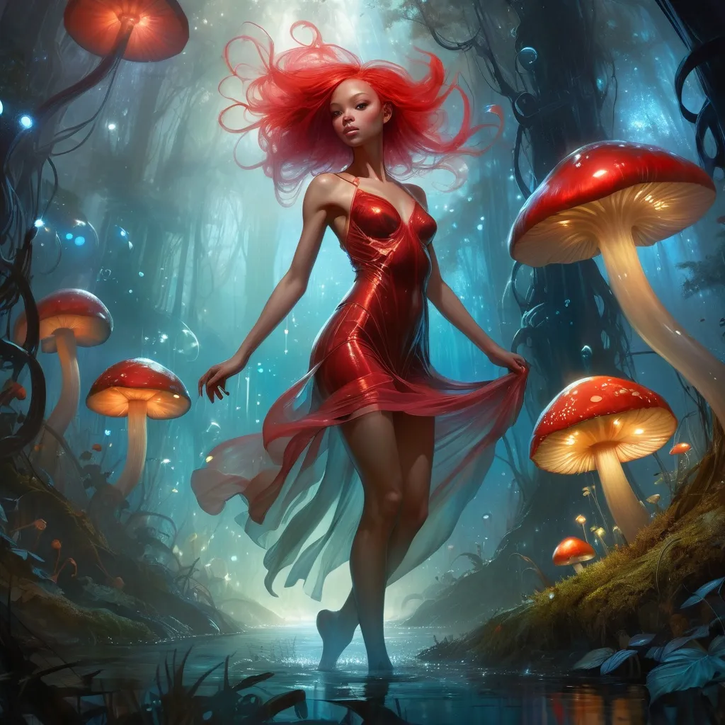 Prompt: redheaded fairy with wispy transparent red dress, knee length hair, organic shapes, unique universe, concept art, primary color hues, mushroom forest, fairy lights, underwater, magical world, bright uplifting tones, dynamic lighting, professional, highres, ultra-detailed, afro-futurism, Art by Jock, pino daeni , art by lois van baarle and loish and ross tran , Charles Vess, Chiho Aoshima , Kay Nielsen, dark ambient, chiaroscuro, Simon Bisley, and H.R. Giger. insist artstation, art by stanley artgerm, painting by daniel f gerhartz, art by Andrew Atroshenko,