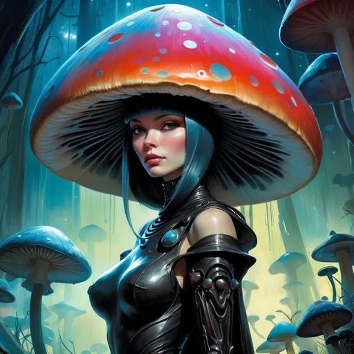 Prompt: woman with a large mushroom cap hat, organic shapes, unique universe, concept art, primary color hues, magical world, bright uplifting tones, dynamic lighting, professional, highres, ultra-detailed, retro-futurism, Art by Jock, pino daeni , art by lois van baarle and loish and ross tran , Charles Vess, Chiho Aoshima , Kay Nielsen, dark ambient, chiaroscuro, Simon Bisley, and H.R. Giger. insist artstation, art by stanley artgerm, painting by daniel f gerhartz, art by Andrew Atroshenko,