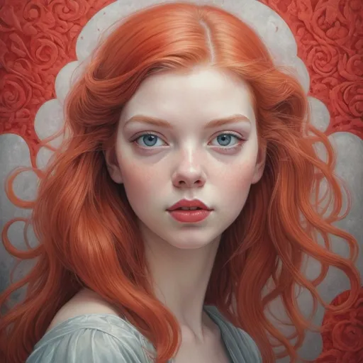 Prompt: Gouache paint painting of a red head anya taylor joy, pastel color, dreamy, surrealism, abstract painted background with gouache paint strokes, intricate details, 3D rendering, octane rendering . Nicoletta Ceccoli style, Virgil Finlay, Tsubaki Nekoi, Vasanti Unka, Hiroshi Masumura, Chiho Saito,
