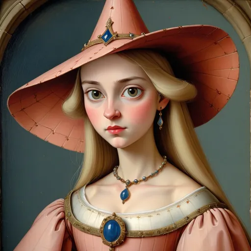 Prompt: medieval painting of a french princess in a pointed hennin hat