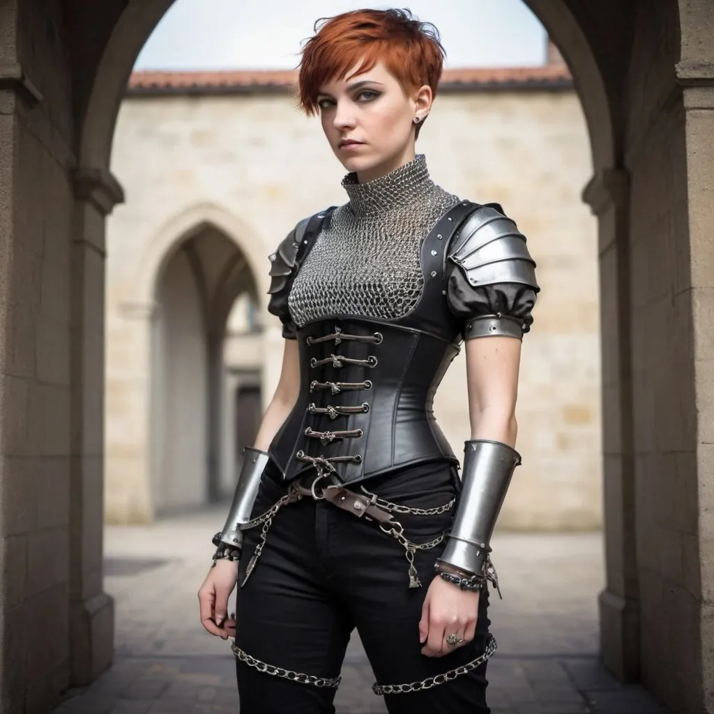 Prompt: woman in modern knightcore outfit, renaissance outfit with pants, ranger, punk, chain mail, corset, pixie cut, joan of arc