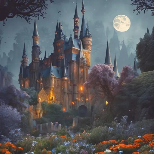 Prompt: castle with spires, in the style of William Morris, moonlit flowers, highres, fantasy, ethereal lighting, detailed nature, enchanting atmosphere, glowing flora, dreamlike, surreal, whimsical, mystical setting, fairytale, vibrant colors, soft moonlight, illustration, photograph, blue and orange colors
