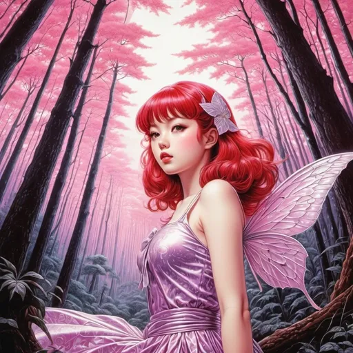 Prompt: Virgil Finlay, Tsubaki Nekoi, Vasanti Unka, Hiroshi Masumura, Chiho Saito, Surrealism, wonder, strange, bizarre, fantasy, Sci-fi, Japanese anime, dystopian forest fairy, red hair, detailed masterpiece low high angles perspectives, pink and light purple coloring, lolita fashion