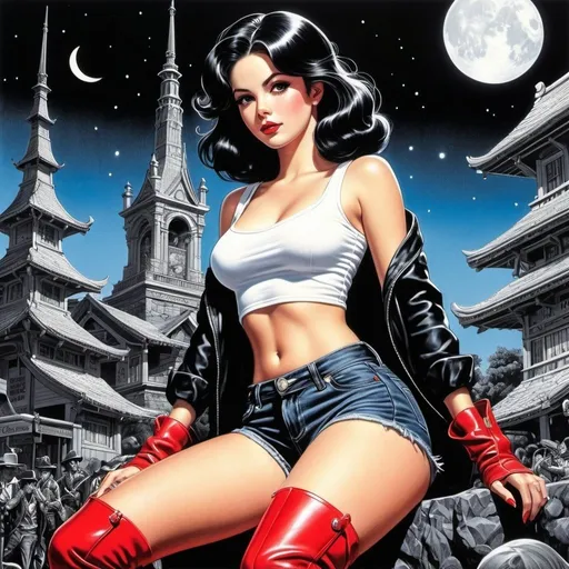 Prompt: Virgil Finlay, Tsubaki Nekoi, Vasanti Unka, Hiroshi Masumura, Chiho Saito, goth american girl in black jean shorts and red cowboy boots, detailed masterpiece low high angles perspectives, lana del rey, Wednesday adams, full body pinup, full color