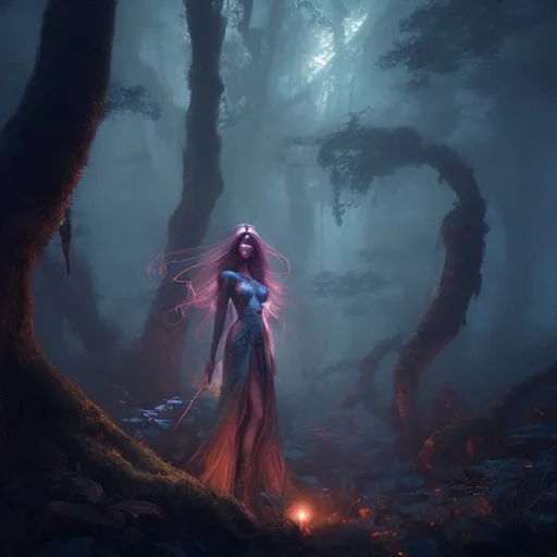 Prompt: woman in the forest, high quality, Keith Parkinson, highres, fantasy, ethereal lighting, enchanting atmosphere, dreamlike, surreal, whimsical, mystical setting, fairytale, vibrant colors, soft moonlight, illustration