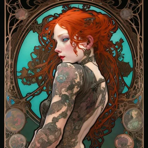 Prompt: punk tattooed goth redhead, by alphonse mucha and chie yoshii and casey weldon and wlop : : ornate, dynamic, particulate, Pâte de Verre magical particles, masterpiece, rich colors, intricate, elegant, highly detailed, harper's bazaar art, fashion magazine, smooth, sharp focus, 8 k, octane render