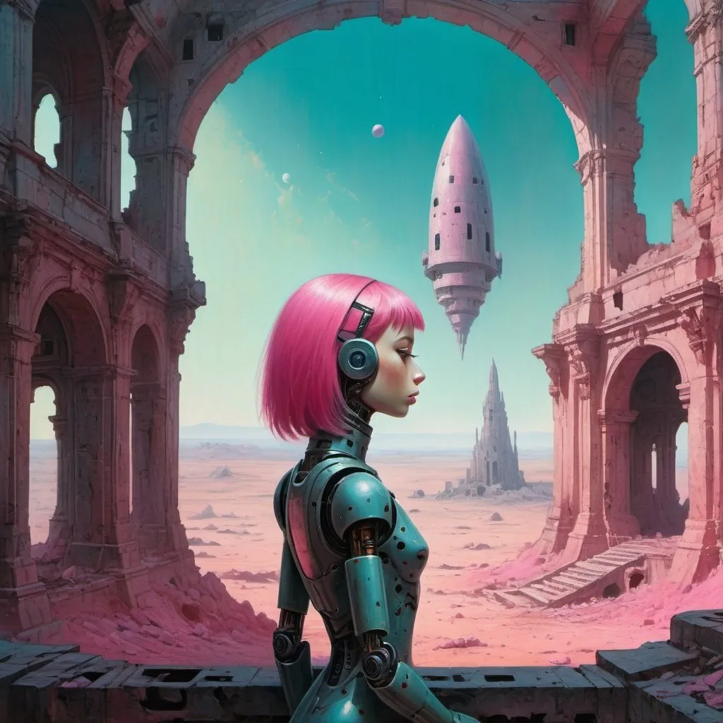 Prompt: close up of lonely robot girl with pink hair among palatial ruins of a spaceship, dreamy, dark fantasy, animated style, mysterious, masterpiece painting, jewel colors, detailed, Beksinski
