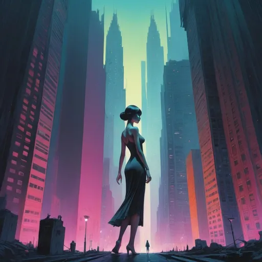 Prompt: 50ft tall woman among skyscrapers with a tiny figure next to her, retrofuturistic clothing, cyberpunk, bright neon colors, An incredibly ethereal world in style of Beksinski, harpers bazaar
atey ghailan, Art by Jock,  pino daeni , art by lois van baarle and loish and ross tran , Charles Vess, Chiho Aoshima , Kay Nielsen, 