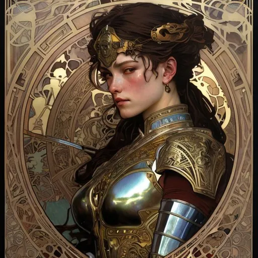 Prompt: badass female warrior in armor by alphonse mucha and chie yoshii and casey weldon and wlop : : ornate, masterpiece, rich colors, intricate, elegant, highly detailed, vogue art, fashion magazine, smooth, sharp focus, 8 k, octane render