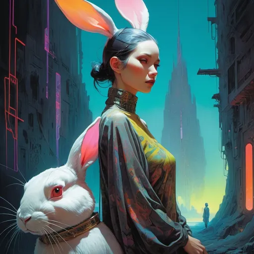 Prompt: woman next to large rabbit, retrofuturistic clothing, cyberpunk, bright neon colors, An incredibly ethereal world in style of Beksinski, harpers bazaar
atey ghailan, Art by Jock,  pino daeni , art by lois van baarle and loish and ross tran , Charles Vess, Chiho Aoshima , Kay Nielsen, 