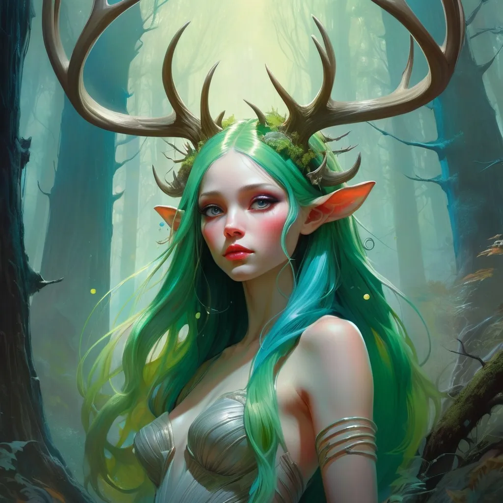 Prompt: lovely forest nymph with deer antlers, large eyes, long green hair, heavily detailed, organic shapes, unique universe, concept art, primary color hues, magical world, bright uplifting tones, dynamic lighting, professional, highres, ultra-detailed, retro-futurism, Art by Jock, pino daeni , art by lois van baarle and loish and ross tran , Charles Vess, Chiho Aoshima , Kay Nielsen, dark ambient, chiaroscuro, Simon Bisley, and H.R. Giger. insist artstation, art by stanley artgerm, painting by daniel f gerhartz, art by Andrew Atroshenko,