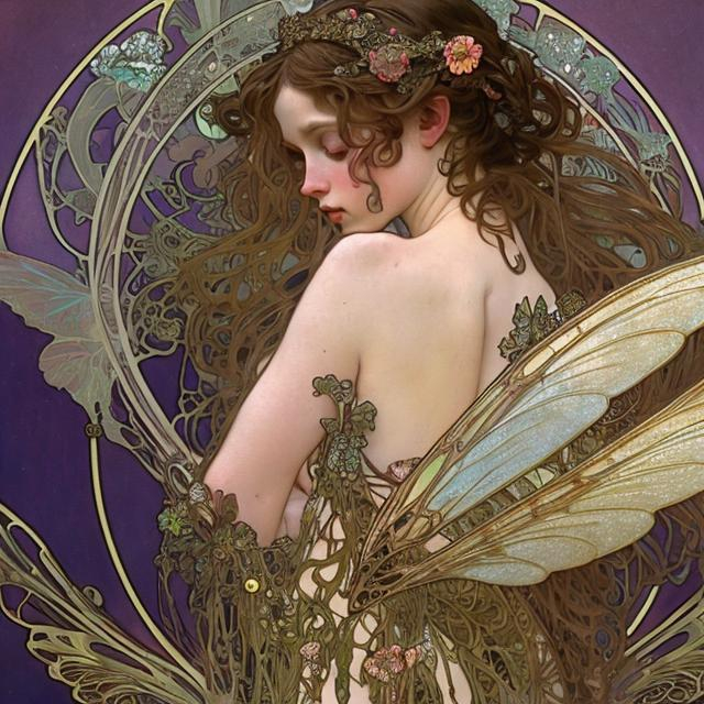 Prompt: fairy in dragonfly dress by alphonse mucha and gustav klimt and casey weldon and wlop : : ornate, masterpiece, rich colors, intricate, elegant, highly detailed, vogue art, fashion magazine, smooth, sharp focus, 8 k, octane render
