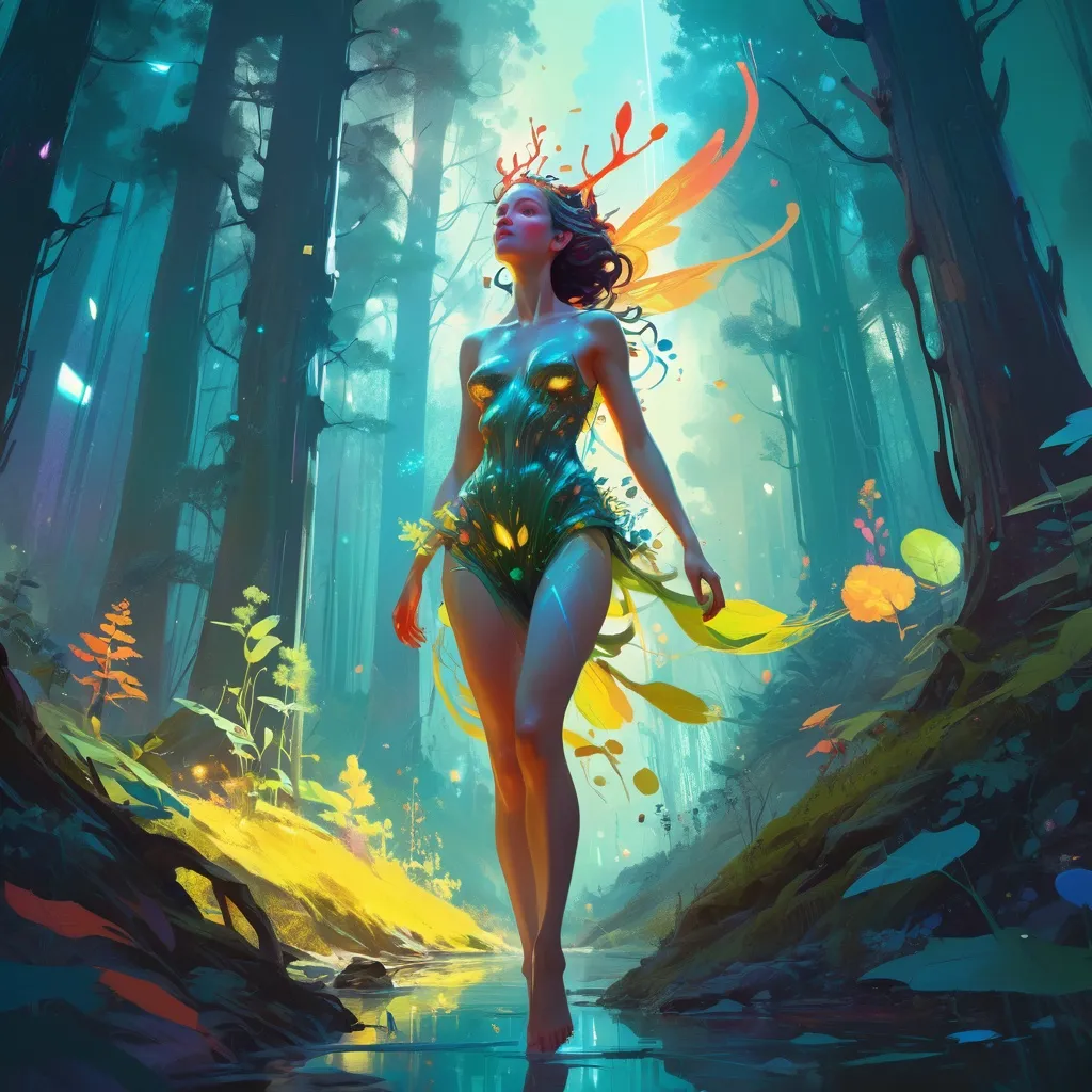 Prompt: lovely forest nymph, heavily detailed, organic shapes, unique universe, concept art, primary color hues, magical world, bright uplifting tones, dynamic lighting, professional, highres, ultra-detailed, retro-futurism, dynamic lighting, unique concept,  atey ghailan, Art by Jock, pino daeni 