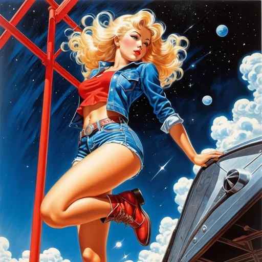 Prompt: Virgil Finlay, Tsubaki Nekoi, Vasanti Unka, Hiroshi Masumura, Chiho Saito, Surrealism, wonder, blonde american girl in jean shorts and cowboy boots, detailed masterpiece low high angles perspectives, retro futurism, red white and blue, full body pinup