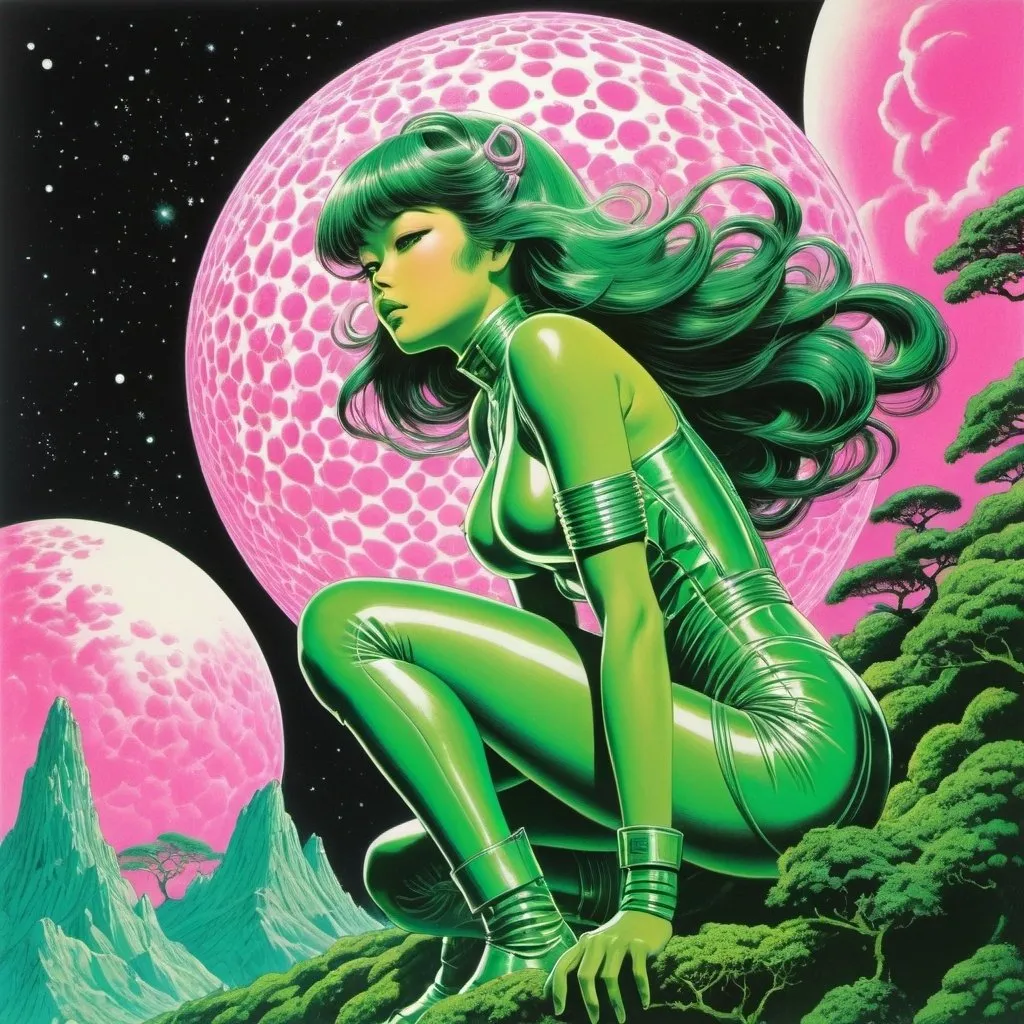 Prompt: Virgil Finlay, Tsubaki Nekoi, Vasanti Unka, Hiroshi Masumura, Chiho Saito, Surrealism, wonder, strange, bizarre, fantasy, Sci-fi, Japanese anime, cyberpunk superhero, bionic, detailed masterpiece low high angles perspectives, 70s psychedelic, pink and green colors