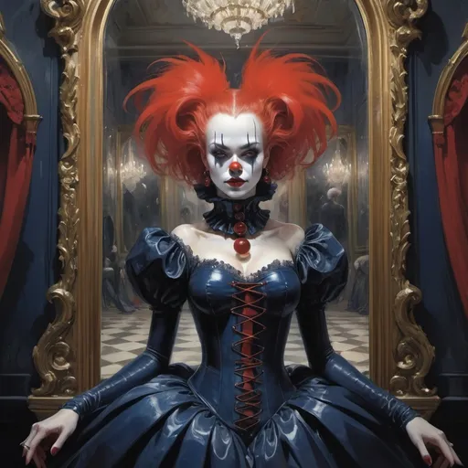 Prompt: gothic Elizabethan clown in a hall of mirrors, circus, harpers bazaar, red and navy colors, Art by Jock, pino daeni , art by lois van baarle and loish and ross tran , Charles Vess, Chiho Aoshima , Kay Nielsen, dark ambient, chiaroscuro, Simon Bisley, and H.R. Giger. insist artstation, art by stanley artgerm, painting by daniel f gerhartz, art by Andrew Atroshenko,