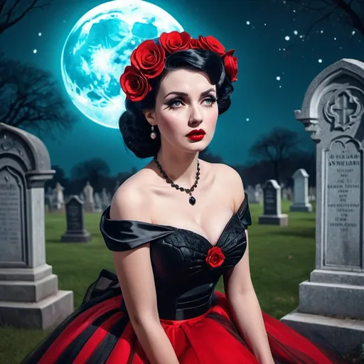 Prompt: pinup goth bride wearing a black and red dress, large eyes crying, moonlit cemetery, high quality, highres, 1950s, vintage, dreamlike, surreal, whimsical, mystical setting, fairytale, vibrant colors