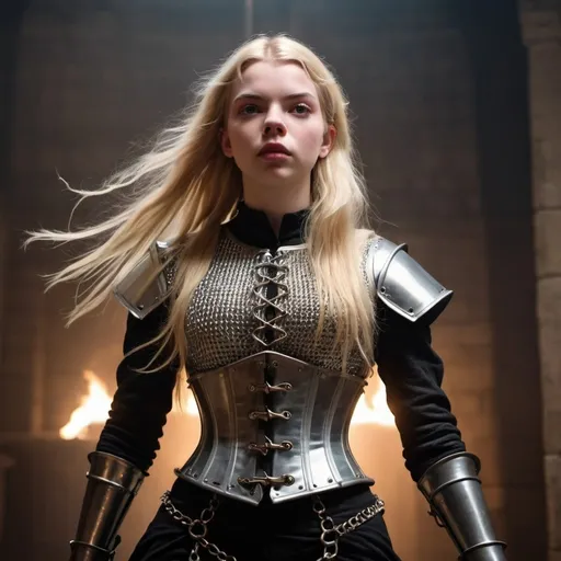 Prompt: woman in modern knightcore outfit, renaissance outfit, ranger, punk, body in action post, chain mail, corset, long blonde hair flying out behind her, joan of arc, resembles anya taylor-joy, beautiful, dramatic lighting