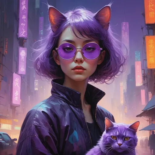 Prompt: woman with round glasses holding a purple cat, retrofuturistic clothing, cyberpunk, bright neon colors, An incredibly ethereal world in style of Beksinski, harpers bazaar
atey ghailan, Art by Jock,  pino daeni , art by lois van baarle and loish and ross tran , Charles Vess, Chiho Aoshima , Kay Nielsen, 