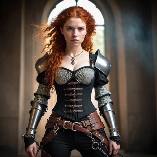 Prompt: woman in modern knightcore outfit, renaissance outfit with pants, ranger, punk, body in action pose, chain mail, corset, joan of arc, resembles princess Merida, beautiful, dramatic lighting