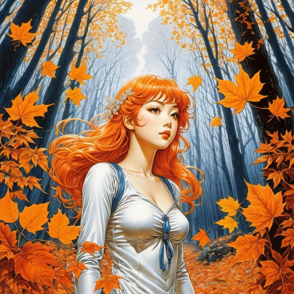 Prompt: Virgil Finlay, Tsubaki Nekoi, Vasanti Unka, Hiroshi Masumura, Chiho Saito, Surrealism, wonder, strange, bizarre, fantasy, Sci-fi, Japanese anime, ethereal  forest fairy, orange hair, detailed masterpiece low high angles perspectives, autumn leaves coloring