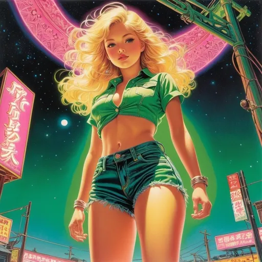 Prompt: Virgil Finlay, Tsubaki Nekoi, Vasanti Unka, Hiroshi Masumura, Chiho Saito, Surrealism, wonder, blonde american girl in jean shorts and cowboy boots, detailed masterpiece low high angles perspectives, glowing neon, pink and green colors