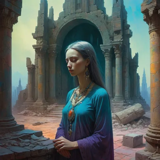 Prompt: close up of a lonely priestess among palatial ruins of a temple cathedral, dreamy, dark fantasy, animated style, mysterious, masterpiece painting, jewel colors, detailed, Beksinski