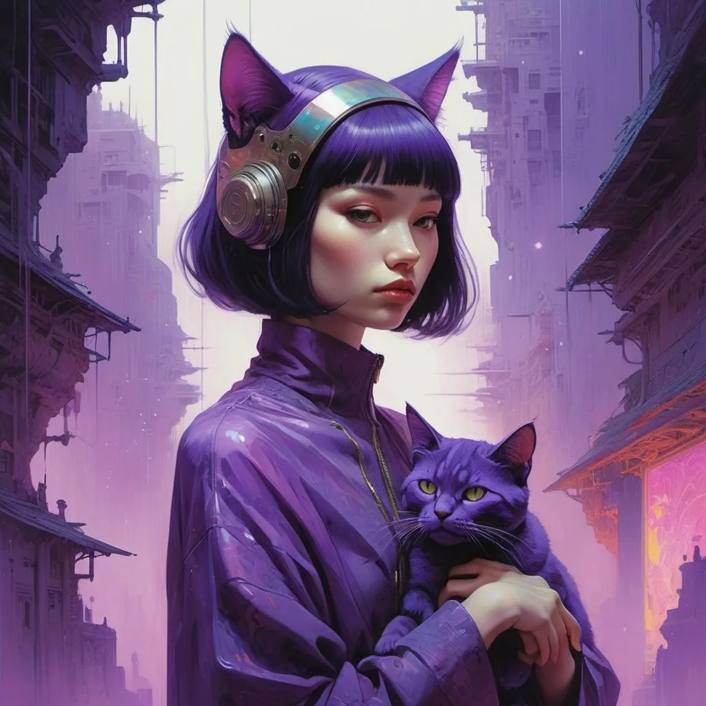 Prompt: woman holding a purple cat, retrofuturistic clothing, cyberpunk, bright neon colors, An incredibly ethereal world in style of Beksinski, harpers bazaar
atey ghailan, Art by Jock,  pino daeni , art by lois van baarle and loish and ross tran , Charles Vess, Chiho Aoshima , Kay Nielsen, 