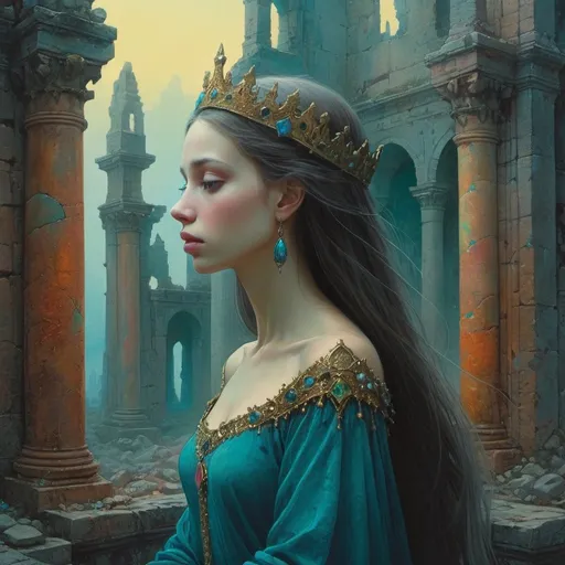 Prompt: close up of lonely princess among palatial ruins, dreamy, dark fantasy, animated style, mysterious, masterpiece painting, jewel colors, detailed, Beksinski