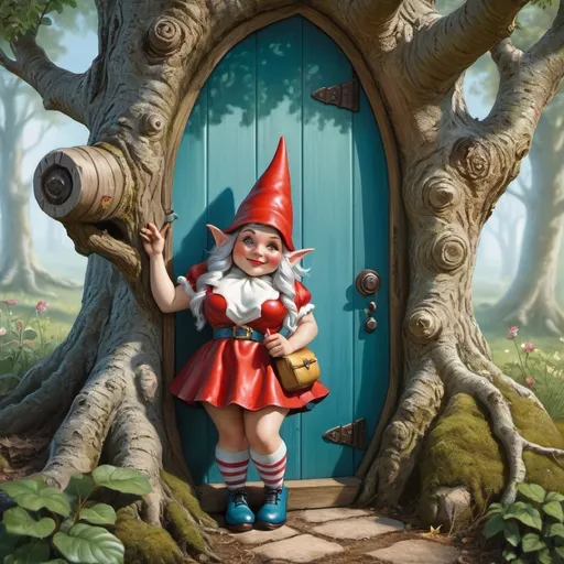 Prompt: pinup female gnome next to a door in a tree, high quality, Keith Parkinson, highres, 1950s, vintage, dreamlike, surreal, whimsical, mystical setting, fairytale, vibrant colors
