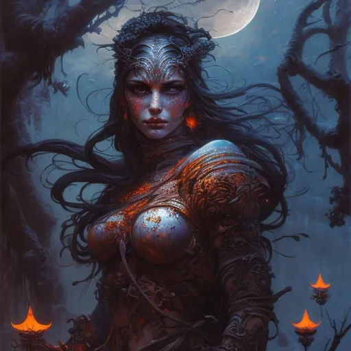 Prompt: painting of beautiful female warrior, glowing, in the style Gerald Brom, moonlit flowers, highres, fantasy, ethereal lighting, detailed nature, enchanting atmosphere, glowing flora, dreamlike, surreal, whimsical, mystical setting, fairytale, vibrant colors, soft moonlight, illustration, photograph, blue and orange colors