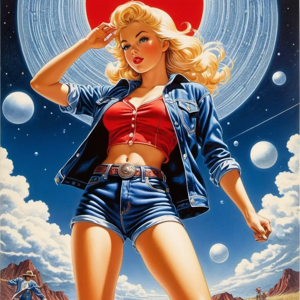 Prompt: Virgil Finlay, Tsubaki Nekoi, Vasanti Unka, Hiroshi Masumura, Chiho Saito, Surrealism, wonder, blonde american girl in jean shorts and cowboy boots, detailed masterpiece low high angles perspectives, retro futurism, red white and blue, full body pinup