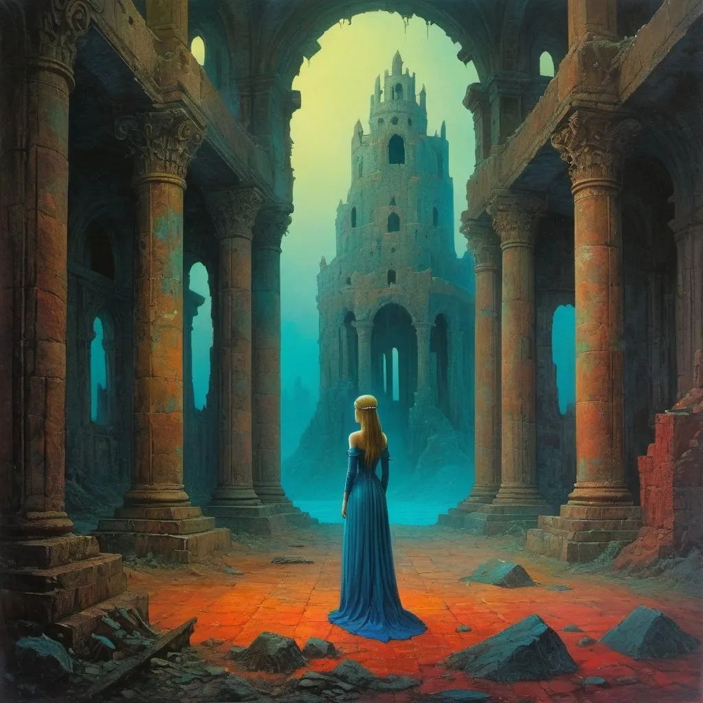 Prompt: lonely princess among palatial ruins, dreamy, dark fantasy, animated style, mysterious, masterpiece painting, jewel colors, detailed, Beksinski