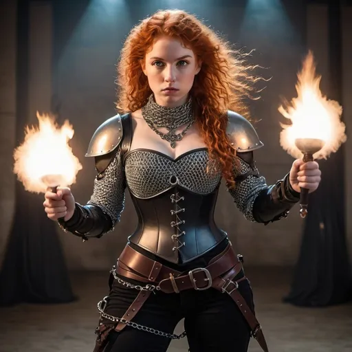 Prompt: woman in modern knightcore outfit, renaissance outfit with pants, ranger, punk, athletic action shot, chain mail, corset, joan of arc, resembles princess Merida, beautiful, dramatic lighting