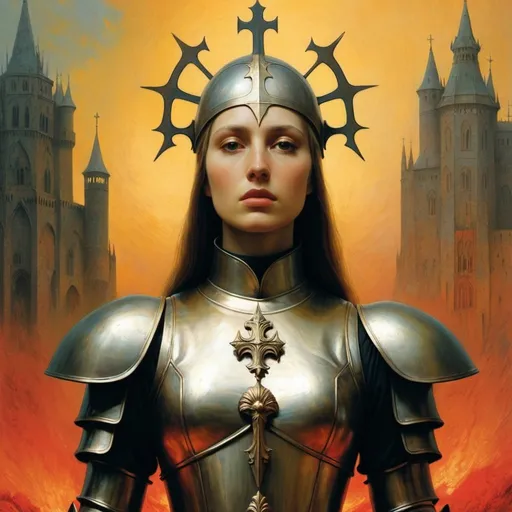 Prompt: joan of arc in the world of Beksinski, harpers bazaar