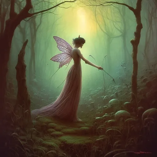 Prompt: fairy walking through the woods, high quality, in the style Michael Whelan, Beksinski, highres, fantasy, ethereal lighting, enchanting atmosphere, dreamlike, surreal, whimsical, mystical setting, fairytale, vibrant colors, soft moonlight, illustration