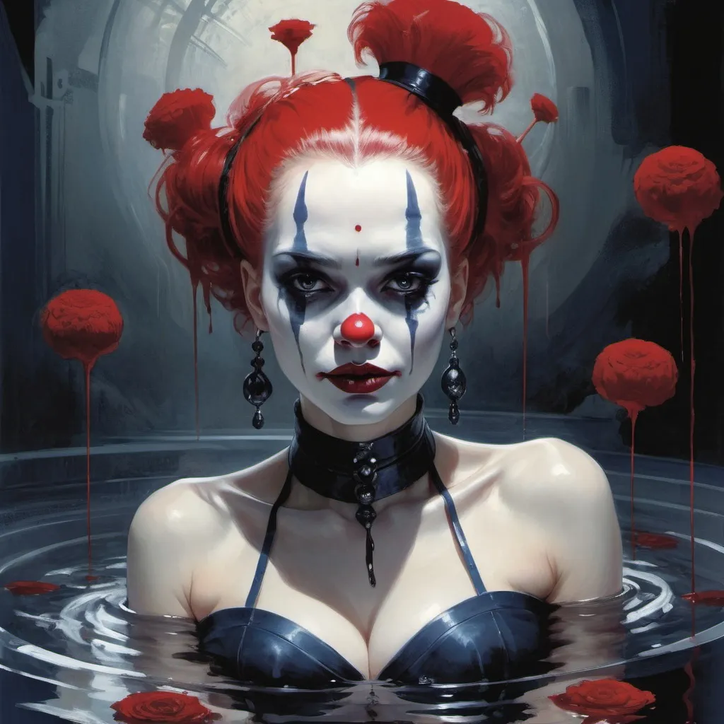 Prompt: gothic Elizabethan clown in a pool of blood, harpers bazaar, red and navy colors, Art by Jock, pino daeni , art by lois van baarle and loish and ross tran , Charles Vess, Chiho Aoshima , Kay Nielsen, dark ambient, chiaroscuro, Simon Bisley, and H.R. Giger. insist artstation, art by stanley artgerm, painting by daniel f gerhartz, art by Andrew Atroshenko,