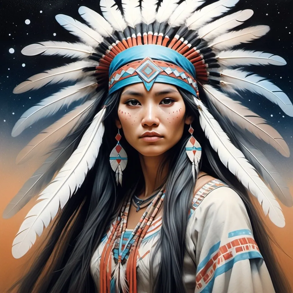 Prompt: Gouache paint painting of woman native american very long hair, pastel color, dreamy, surrealism, abstract painted background with gouache paint strokes, intricate details, 3D rendering, octane rendering . Nicoletta Ceccoli style, Virgil Finlay, Tsubaki Nekoi, Vasanti Unka, Hiroshi Masumura, Chiho Saito,
